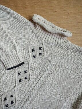 Liz Wear Roll Mock Neck Pullover Sweater Chunky Lizwear Cotton White Grey Size S